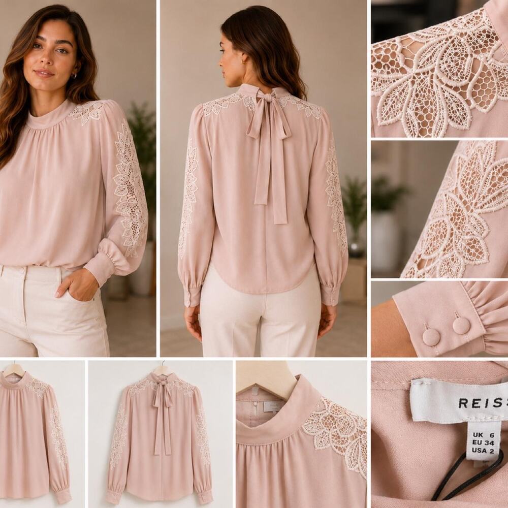 Reiss morgan high neck lace blouse, blush, pink size US 2 - Picture 2 of 3